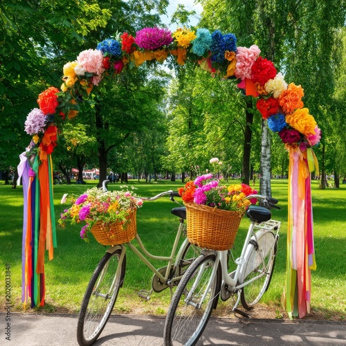 Two Bicycles Under a Flower Arch in a Garden Pathway During the Day