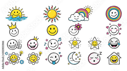 Kawaii Happy Smiley Face and Weather Elements Sticker Set - 2D Digital Cartoon Illustration