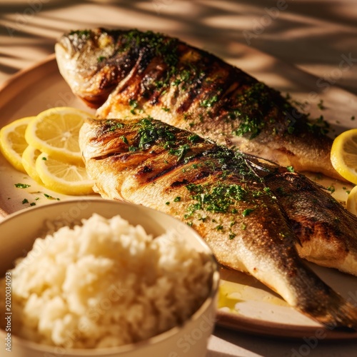 Grilled Fish With Rice and Lemon Served on a Plate During Sunlight