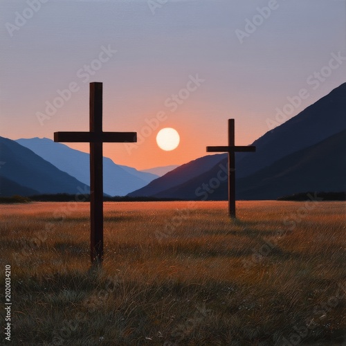 Sunset Over Mountains With Crosses in Open Field During Evening Hours