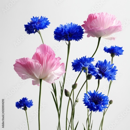 Bright Pink and Blue Flowers Stand Together in a Simple Arrangement With Tall...