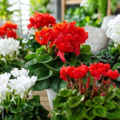 Colorful Flowers Arranged in Pots on a Table in a Bright Indoor Garden Space