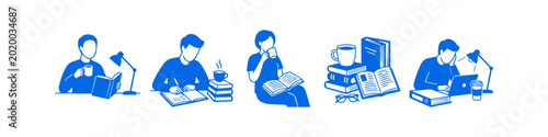 Foto Set of minimalist blue illustrations depicting students and professionals reading, writing, and working with laptops, books, and coffee