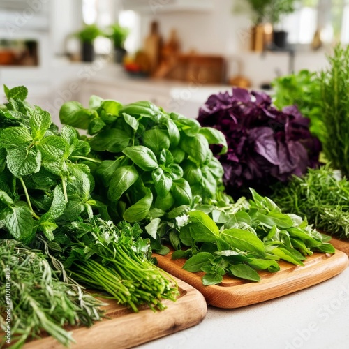 Fresh Herbs on Wooden Boards Ready for Cooking in a Kitchen Setting During th...