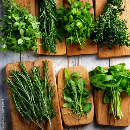 Fresh Herbs on Wooden Boards Ready for Cooking in a Kitchen Setting During th...