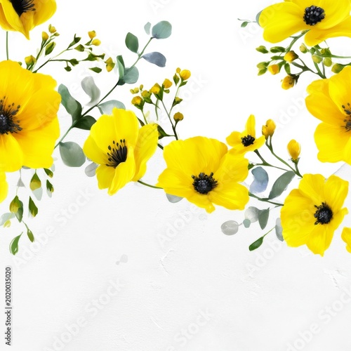 Bright Yellow Flowers Arranged With Greenery on a White Background in a Simpl...