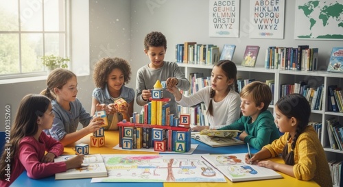 Diverse group of children building with blocks in classroom
