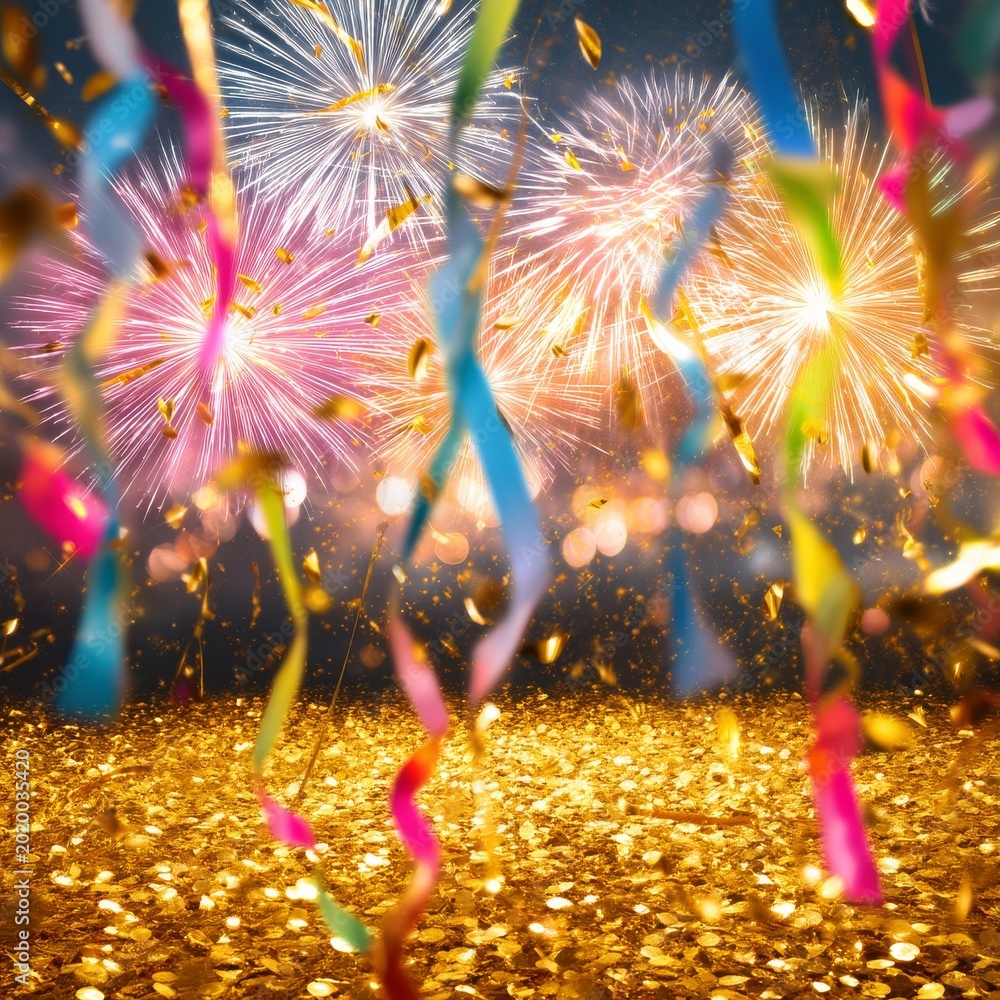 Fototapeta premium Colorful Ribbons and Confetti Fall During a Celebration Event in a Festive Atmosphere