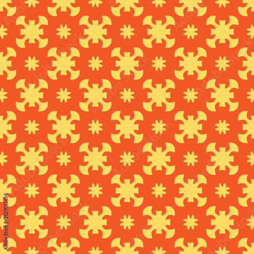 Elegant seamless floral pattern featuring vintage Christmas decoration with gold stars, snowflakes, and red holiday ornaments on a yellow texture wallpaper vector illustration