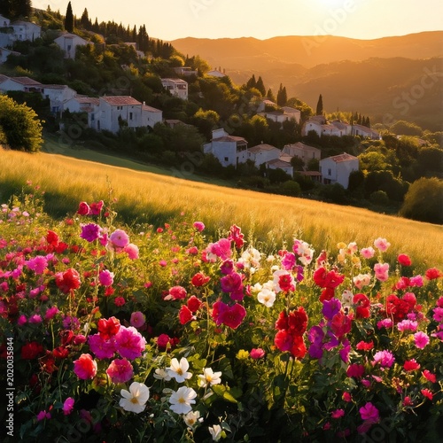 Vibrant Flowers Bloom in a Rural Landscape During Sunset in a Hillside Village