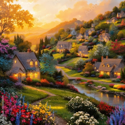 Sunset Over Quiet Village With Houses, Flowers, and River on a Warm Evening