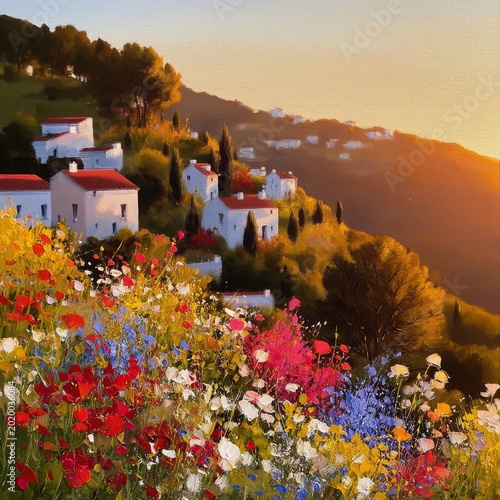 Sunset Over Quiet Village With Houses, Flowers, and River on a Warm Evening