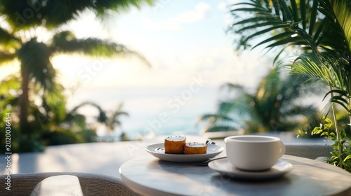Terrace of a tropical villa with breakfast and ocean view; generative ai