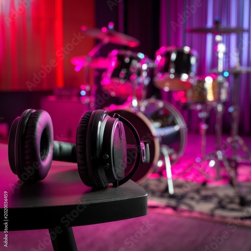 Headphones Are Placed on a Table in a Music Studio