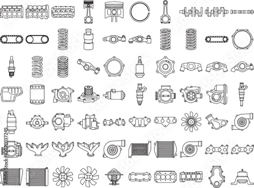 A detailed technical illustration showcases a variety of meticulously drawn engine components, highlighting precision engineering. 