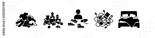 Tableau sur toile A set of black icons representing common household clutter, including a pile of laundry, messy toys, scattered shoes, tangled cables, and an unmade bed on a white background