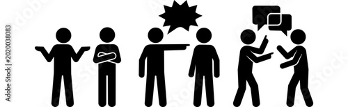 Tableau sur toile Vector stick figure silhouettes showing human interactions including argument, blaming, and communication