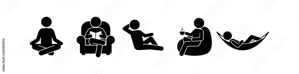 Ταπετσαρία Set of minimalist stick figure icons depicting various relaxation activities like meditating, reading, lounging, drinking coffee in a bean bag chair, and resting in a hammock