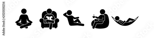 Fotografi Set of minimalist stick figure icons depicting various relaxation activities like meditating, reading, lounging, drinking coffee in a bean bag chair, and resting in a hammock
