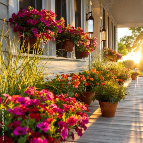 Flowers and Plants Line the Porch as the Sun Sets in the Evening Sky Near a C...