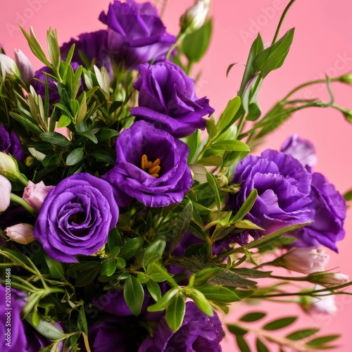 Purple Flowers Arranged With Green Leaves Against a Pink Background