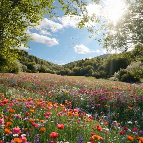 Vibrant Wildflowers Bloom in a Green Valley Under a Clear Blue Sky During Day...