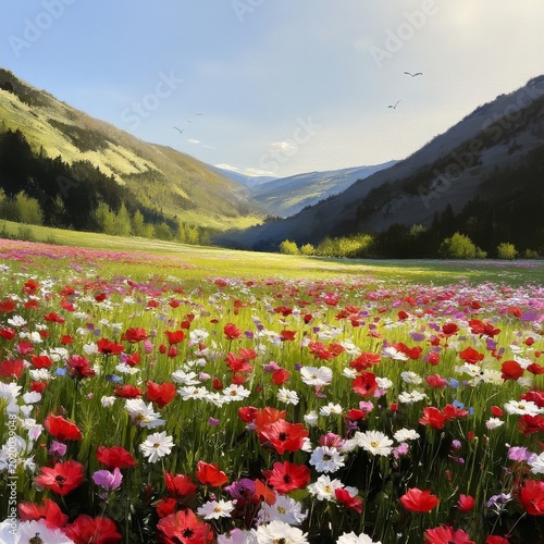Vibrant Wildflowers Bloom in a Green Valley Under a Clear Blue Sky During Day...