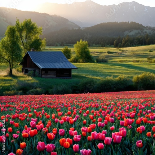Tulip Field With a Wooden House and Mountains During Sunrise in Spring