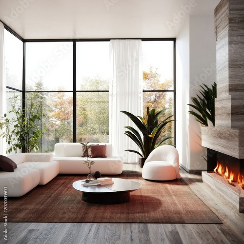 Cozy Living Room With Modern Furniture and Large Windows in Autumn Light