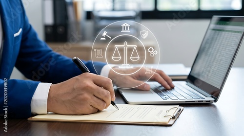 Lawyer using laptop and taking notes with legal icons justice scale law firm legal system legal advice legal services