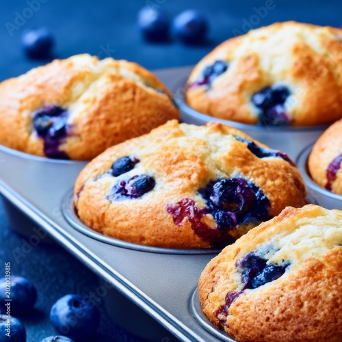 Blueberry Muffins Baking in a Tray With Fresh Blueberries Around in the Kitchen