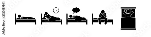 Bild auf Leinwand Vector icon set of stick figures illustrating sleep-related issues and activities such as insomnia, dreaming, exhaustion, and relaxation in bed
