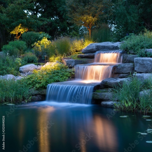 Water Flows Down Rocks in a Garden Setting During the Evening