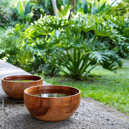 Wooden Bowls With Water Sit on a Stone Surface in a Garden Surrounded by Gree...