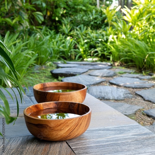 Wooden Bowls Filled With Water Placed in a Garden With Green Plants and Stone...