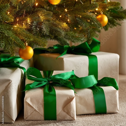 Presents Wrapped in Brown Paper and Green Ribbons Under a Christmas Tree in a...