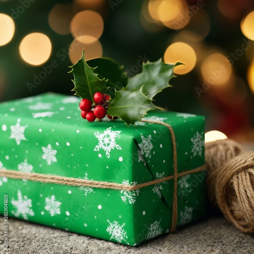 Green Gift Wrapped With White Snowflakes Sits on a Table With Twine