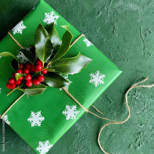 Gift Wrapped in Green Paper With Snowflakes and Holly on a Table During the H...