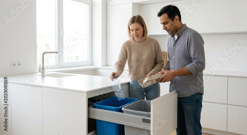 Diverse couple sorting household waste into recycling bins in modern white kitchen.
