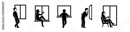 Quadro em tela Set of black silhouette icons depicting people looking out windows in various poses: sitting, standing, and leaning