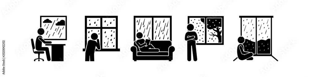 Φωτογραφία A set of stick figure icons depicting people indoors during different weather conditions like rain, snow, and flooding, expressing moods of loneliness, boredom, and isolation
