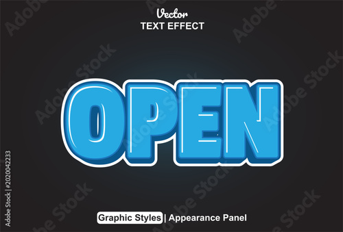 PrintEditable text effect featuring a blue 3d design reading the word open.