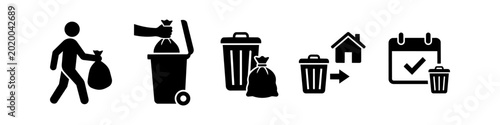 Cuadro en lienzo Set of black waste management icons including trash collection, wheelie bins, garbage bags, and disposal schedules
