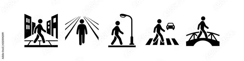 Ταπετσαρία Set of pedestrian icons showing a person walking in the city, on a crosswalk, under a streetlamp, on a bridge, and on a road