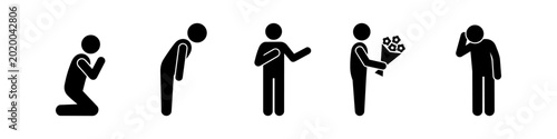 Photos Stick figure icons illustrating various apology gestures like bowing, kneeling, and giving flowers