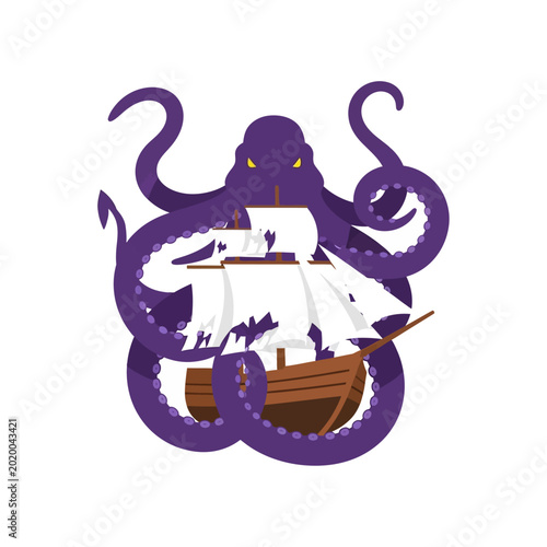 Foto Illustrative vector design of a formidable kraken, a giant octopus, coiling arou