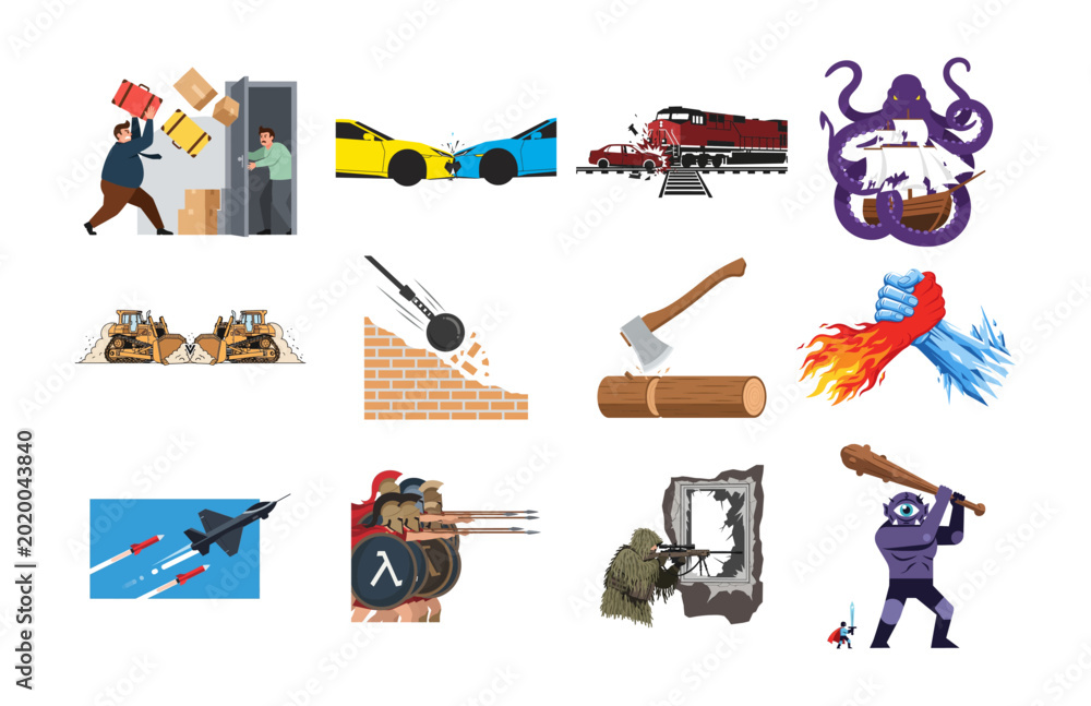Naklejka premium Collection of vector illustrations depicting various actions and objects, including conflict and construction