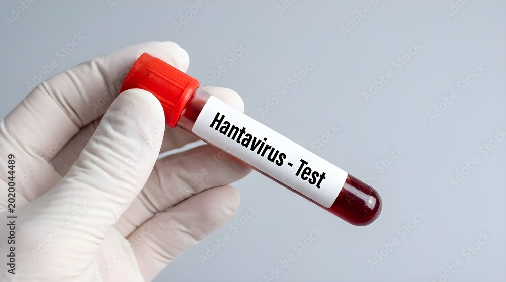 Obraz premium Gloved Hand Holding Hantavirus Test Tube in Clinical Laboratory for Viral Diagnosis and Research