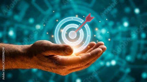 Hand holding illuminated target with arrow and digital background achievement bullseye illuminated background precision