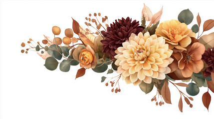 eucalyptus. Autumn watercolor floral border with dahlia and eucalyptus, rustic design. representing seasonal cycles and harvest abundance.